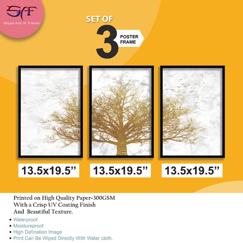 SAF paintings Set of 3 Golden Tree Wall Painting for Home Decoration SA-BLACKMX33520