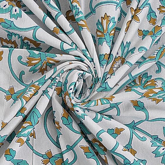 Pure Cotton Sanganeri Printed Jaipuri Bedsheet for Double Bed Queen Size with 2 Pillow Covers 260Thread Count (White Sky Blue)