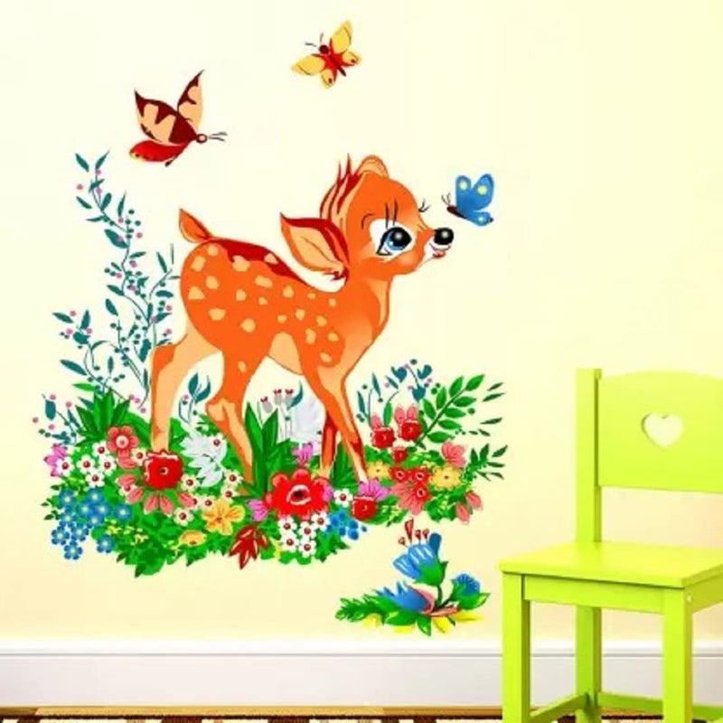 Rangoli New Modern Art Beautiful Deer Baby in Flowers & Butterflies Roaming Around Large Wall Sticker Size 55cm*70cm