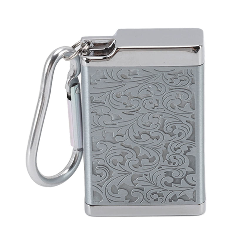 Portable Ashtray, Mini Size Embossed Pattern Cigarette Box Fireproof with Carabiner for Home Room (Silver)