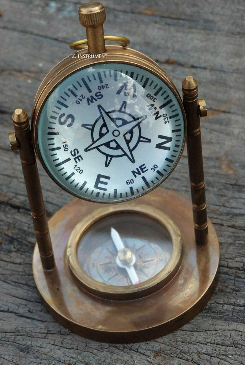 Home Decor Instrument Antique Brass Compass Base Nautical Desk Clock Table Decor Gift