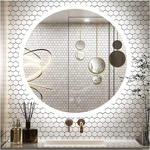 TINITALO Bathroom LED Mirror Home Mirror Wall Mirror with Touch Sensor, 3 Light Effects, Glass, Round LED-15 (36 x 36 Inch)