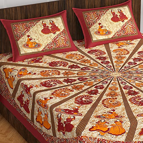 The Trendy Mart Cotton Double Bedsheet Jaipuri/Sanganeri Printed Bedsheets with Pillow Cover, Dandiya Ras