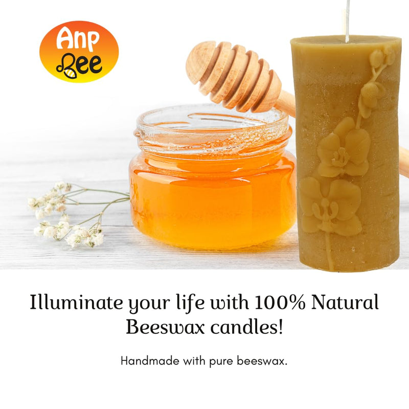 ANP BEE® 100% Natural Beeswax Pillar Candle with Flower Texture I Hand Made, Smokeless, Unscented I Candles for Home Decor I 25 Hrs Burn Time I 2.5 x 5.5 Inch Golden Yellow (Pack of 2)