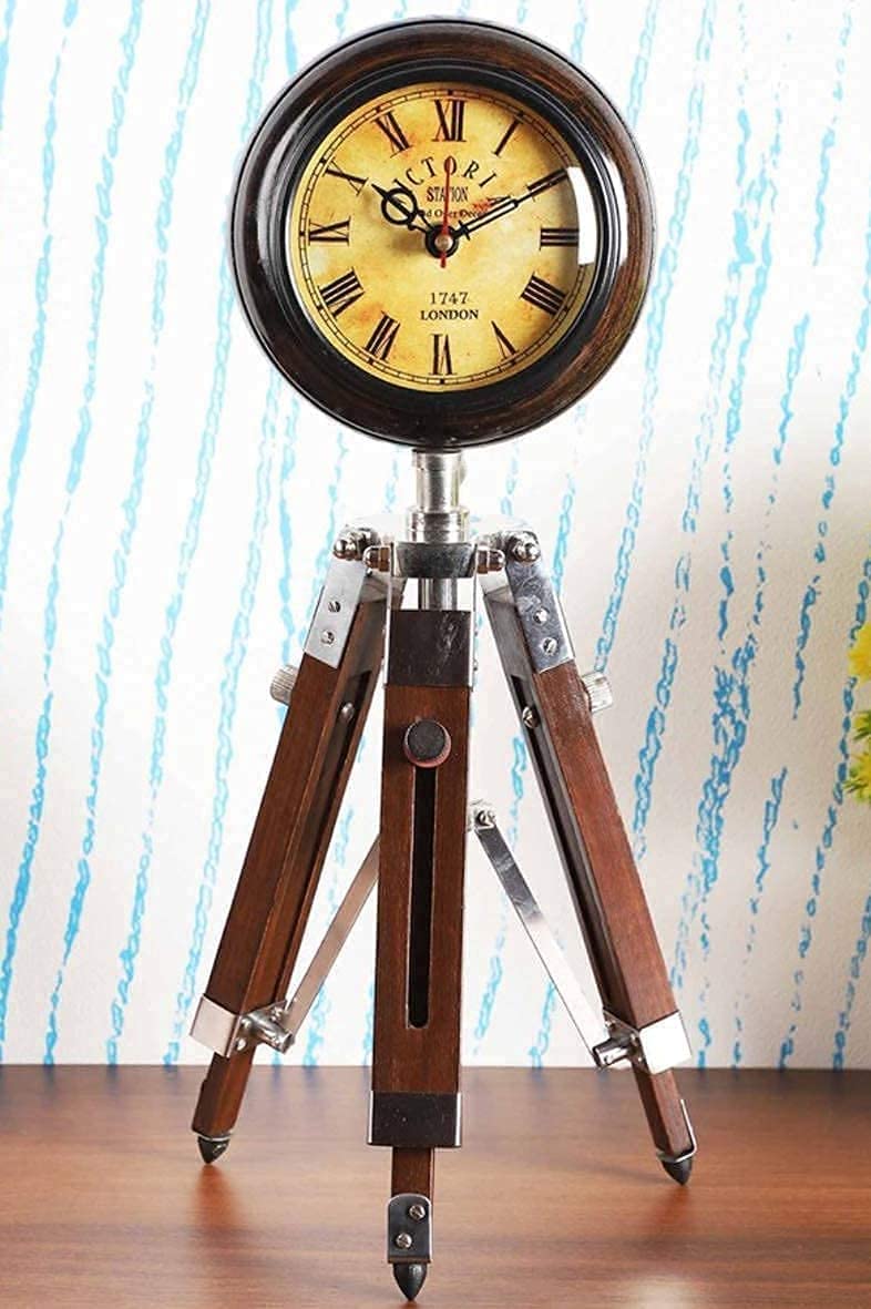 AHSKY Wooden Table Clock Tripod Stand Round Shape Numeric Number Antique Design Table Clock for Office Dining & Living Room