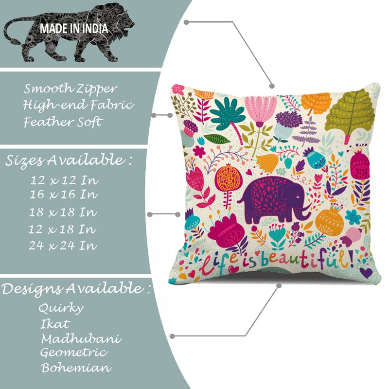 STITCHNEST Unique Cute Elephant Cartoon Blue Printed Canvas Cotton Cushion Covers, Set of 5 (18 x 18 Inches)