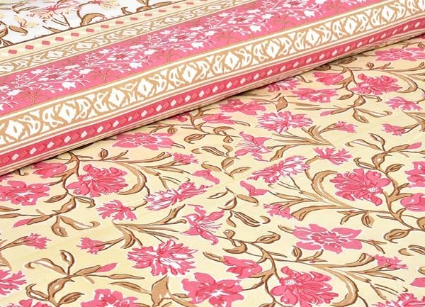 JaipurToHome 220 TC 100% Pure Cotton Bedsheet for Double Bed King Size, Jaipuri Print Double Bedsheet with 2 Pillow Covers - (88.5x107.5 inch. Multi) (Cream)