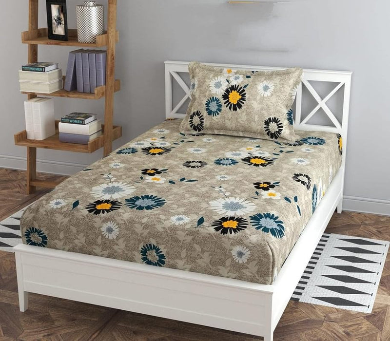 Amvy Creation Skin Friendly Ultrasoft Prime Collection Printed Flat 1 Single Bedsheet with 1 Pillow Cover (Size 60 x 90 Inch) - Grey Bouquet Gold Single2