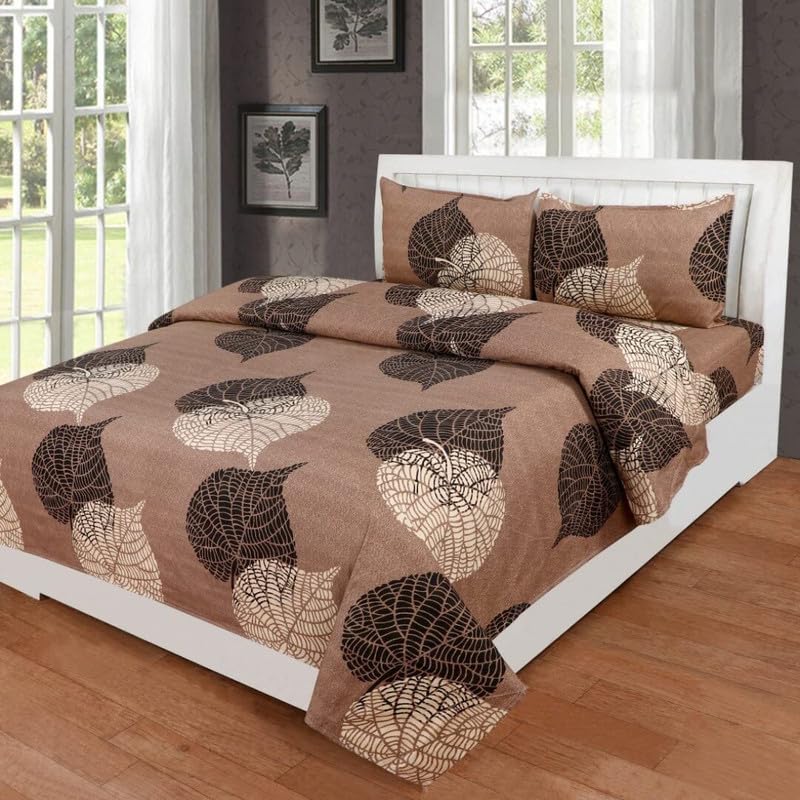 Vaastu Furnishings Prime Collection 160TC Supersoft Glace Cotton Double Bedsheet with 2 Pillow Covers (Multicolour, Size 90 x 90 Inch) - Coffee with White Leaves (BS) - Gold