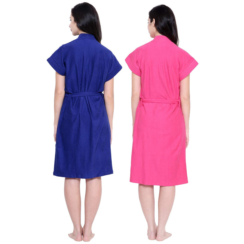 Secret Wish Women's Towel Fabric Bathrobe (Free Size, Blue-Pink)