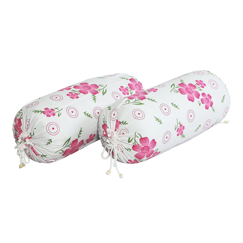 Kuber Industries Bolster Covers | Soft Cotton Bolster Cover Set | Bolster Pillow Covers | Pink Circle Flower Roll Masand Cover | Long Pillow Case | 16x32 Inch | Pack of 2 | White