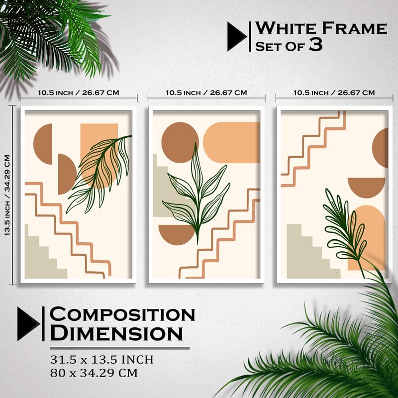 SAF paintings Set of 3 abstract flower Boho modern art design Premium white Framed Bohemian wall painting for for Wall, Home and Living Room Decoration 80 cms x 34.29 cms COMBO-2206-K3