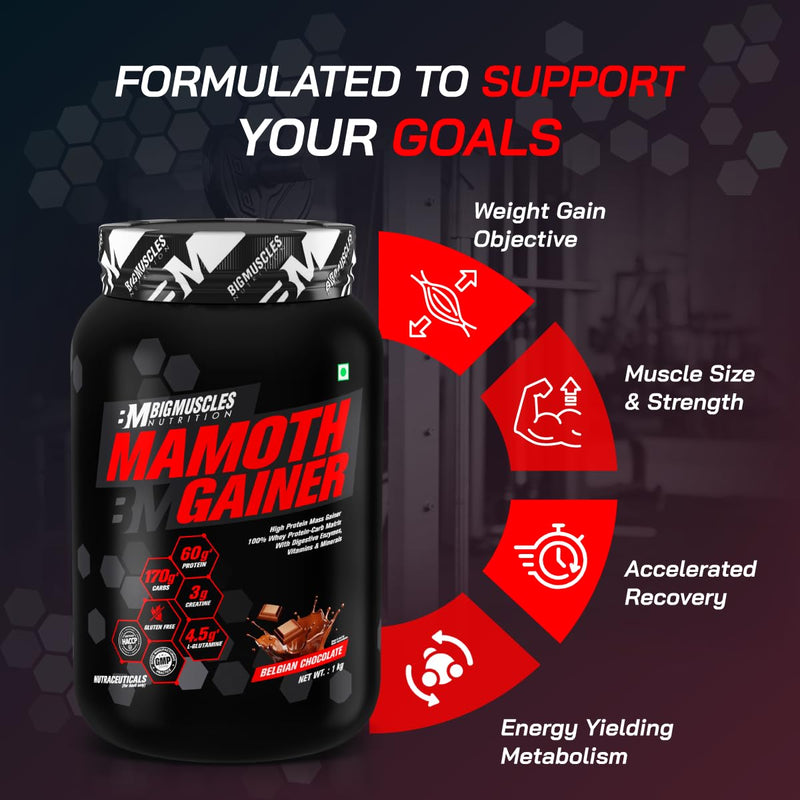 Bigmuscles Nutrition Mamoth Gainer [Belgian Chocolate, 2Kg] | High Protein Muscle Mass & Weight Gainer | With Vitamins & Minerals, Creatine & Digestive Enzymes - Powder