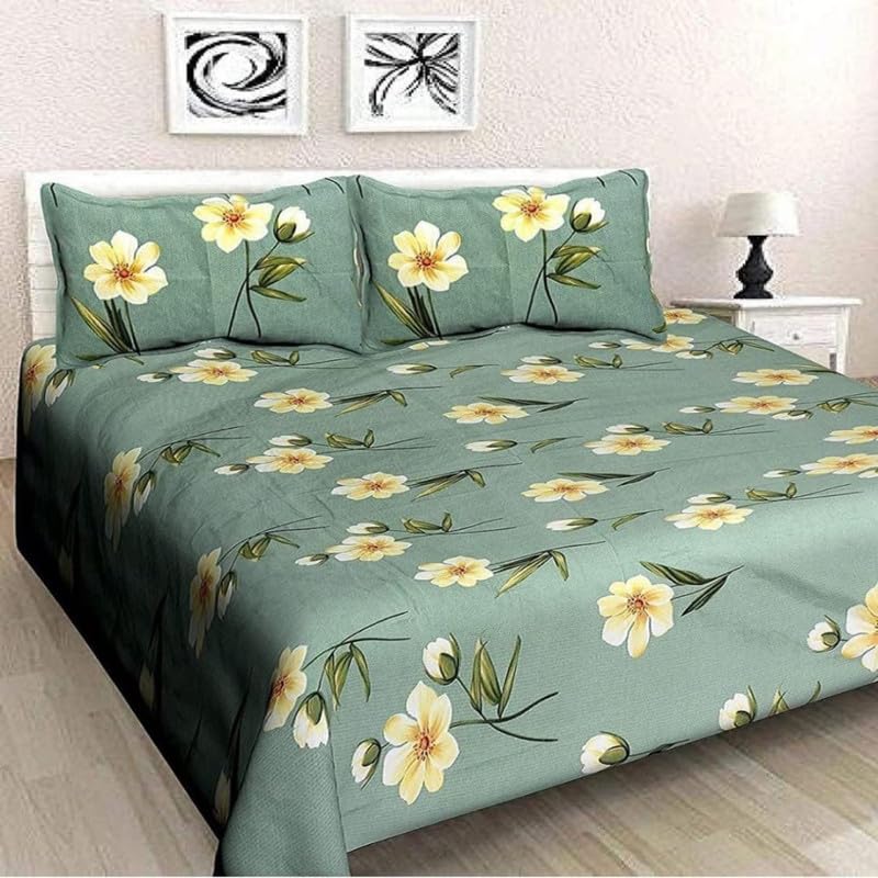 CLICKCART Glace Cotton Skin Friendly Prime Collection Ultrasoft Printed Flat Double Bedsheet with 2 Pillow Covers (Multicolour, 90 x 90 Inch) - Green with White Flowers Gold1