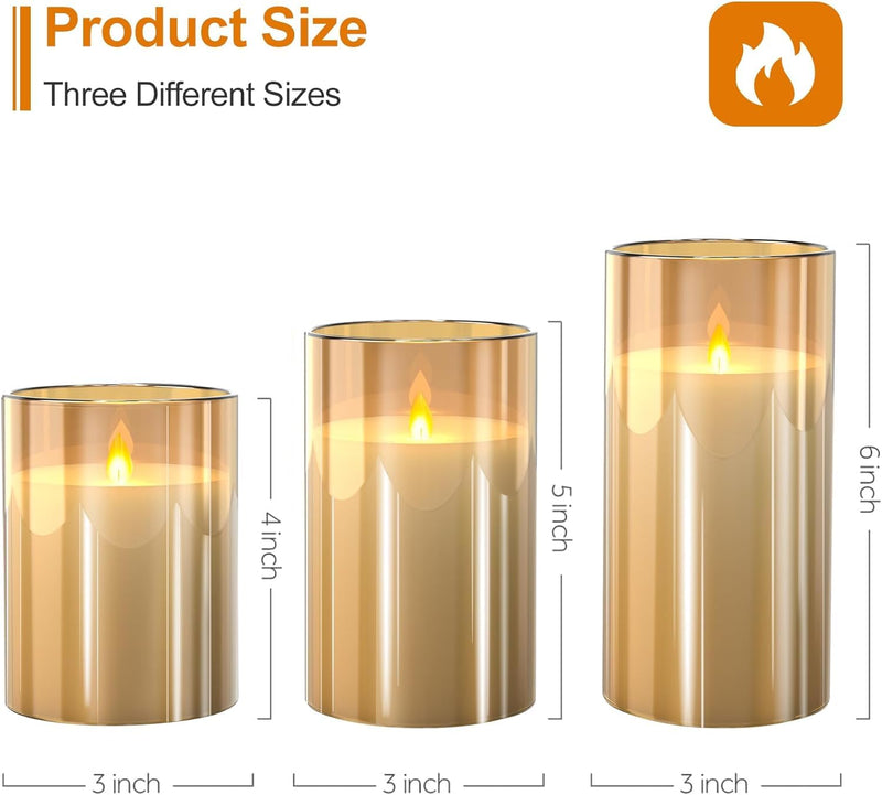 ZODZE Glass Flameless Candles Battery Operated with Remote Control, Set of 3 Flickering LED Pillar Candles, Pure White Wax D 3" H 4" 5" 6" Gold (Amber)