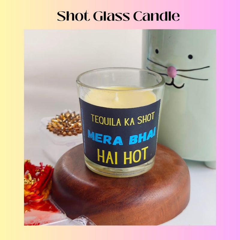 THE TINGE Tequila ka Shot Vanilla Bourn Bourn Scented Hand Poured Candle with Rakhi and Roli Chawal Rakshabandhan Gift Hamper Box for Brother Sister