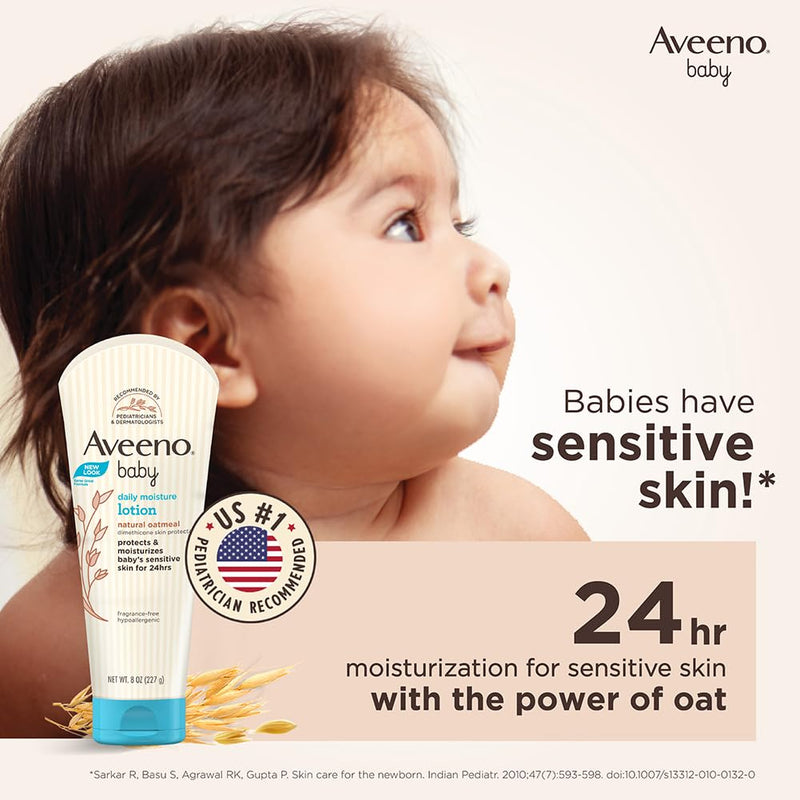 Aveeno Baby Daily Moisture Lotion (227g) | With oat flour, glycerin, and dimethicone | Hypoallergenic, fragrance-free, pediatrician recommended | Nourishes, soothes, & protects baby's sensitive skin