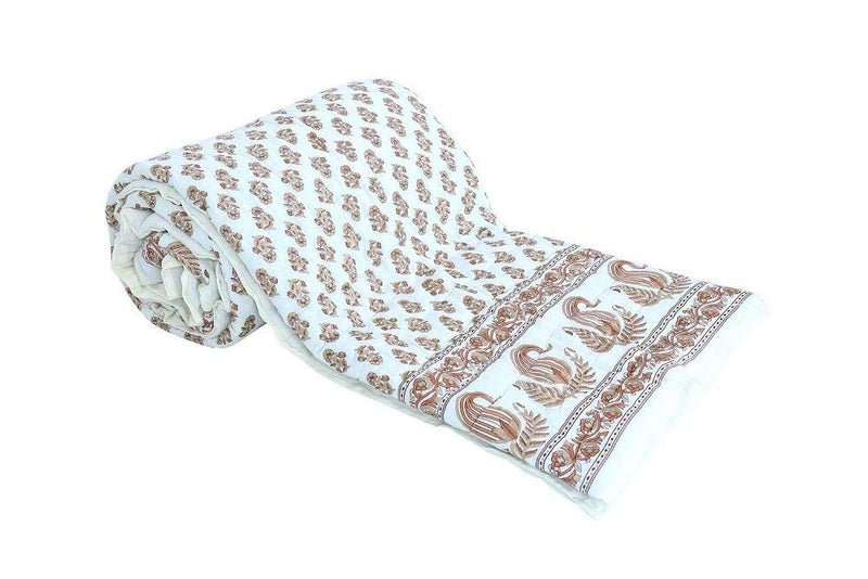 Namaste India Jaipuri Light Weight Pure Cotton Traditional Rajasthani Print White Colour Single Bed Quilt/Razai/Rajai-