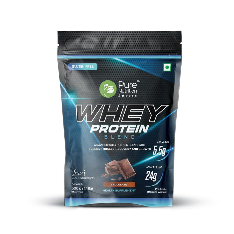 Pure Nutrition Whey Protein Blend (Isolate + Concentrate), 24g Protein, 5.5g BCAA per Serving | Supplement Powder for Men & Women for Muscle Recovery & Growth, Chocolate, 500g, 15 Servings