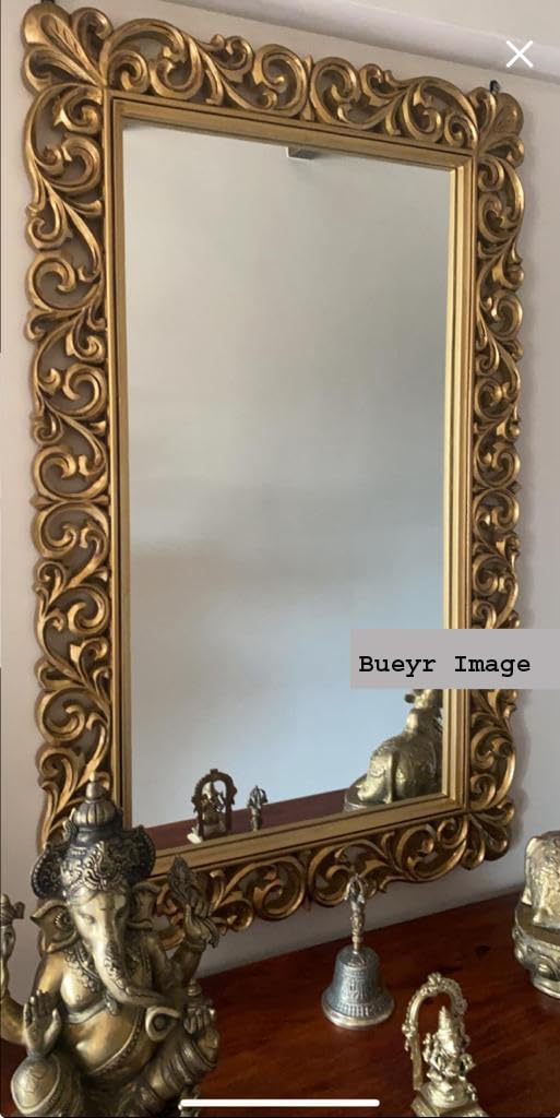 A.M INTERNATIONAL Wooden Carved Mirror Frame | Wooden Antique | Wall Hanging Mirror | Wooden Mirror Jharokha | Solid Wood | Horizontal, Vertical,Rectangular Without Mirror (4 * 2.5FT Antique Gold)