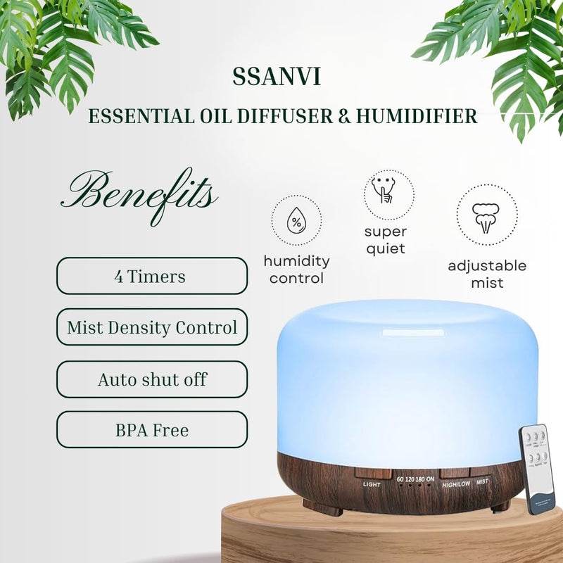 Ssanvi 500ml Premium, Essential Oil Diffuser, 5 in 1 Ultrasonic Aromatherapy Fragrant Oil Humidifier Vaporizer, Timer&Auto-Off Safety Switch-Black