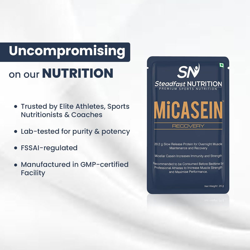 Steadfast Nutrition MiCasein | Micellar Casein Protein Powder| Slow-Release for Muscle Growth & Recovery | Unflavoured | 750g Box of 30 Sachets