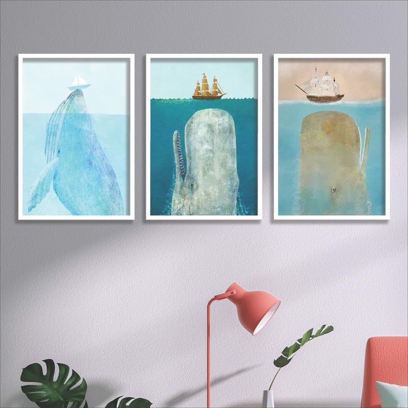 SAF paintings Set of 3 Boat And Whale Wall Painting for Home Decoration SA-WHITEMX33506