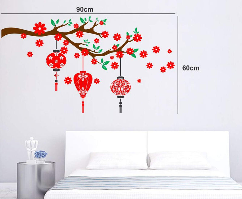 Red Flower with Lantern Self Adhesive VinylWaterproof Decorative Wall Stickers for Hall, Bedroom, Kitchen and Furniture