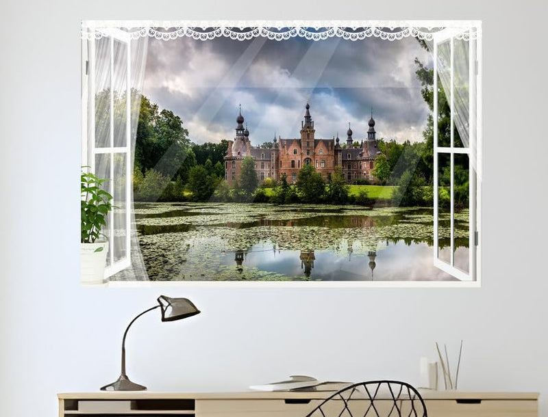 JVERF - JZZB01477 Belgium Castles Pond| Self-Adhesive Open Window Wall Sticker