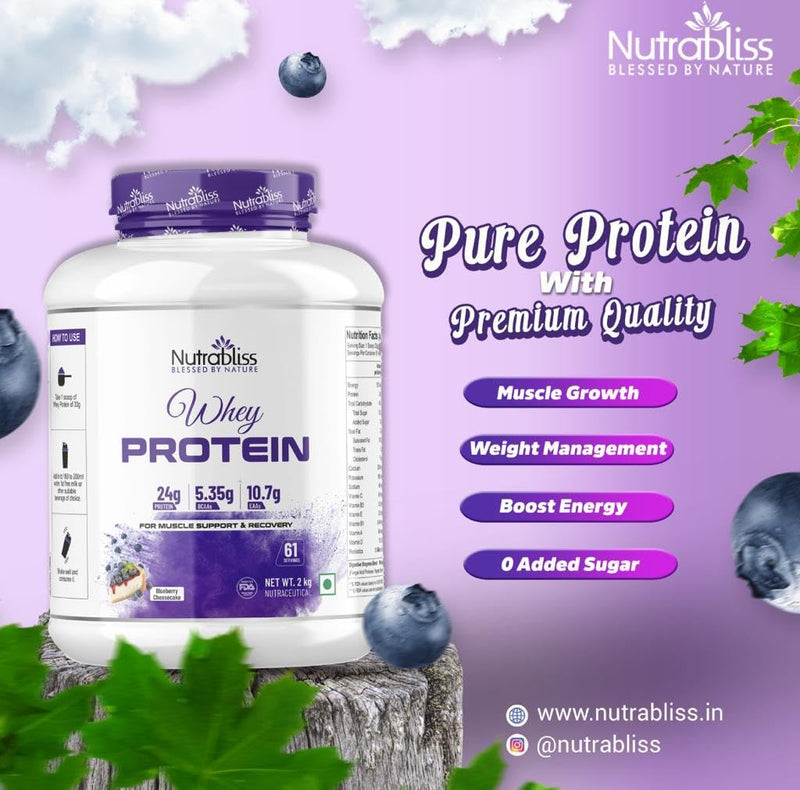 Nutrabliss Premium Pure Whey Protein Concentrated blended with digestive enzymes and probiotics | 100% tested and guaranteed Whey Protein - 24 Gram Protein per serving (Blueberry CheeseCake, 2 Kg)