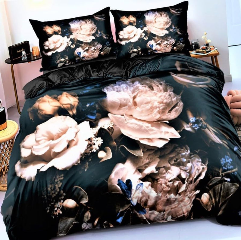 it&C's Imported Silk Elegant 3D Digital Printed 5 Pcs King Size Double Bed Luxury Heavy Comforter/Quilt Set with 3D Print Bedseet (Flower Design 5)