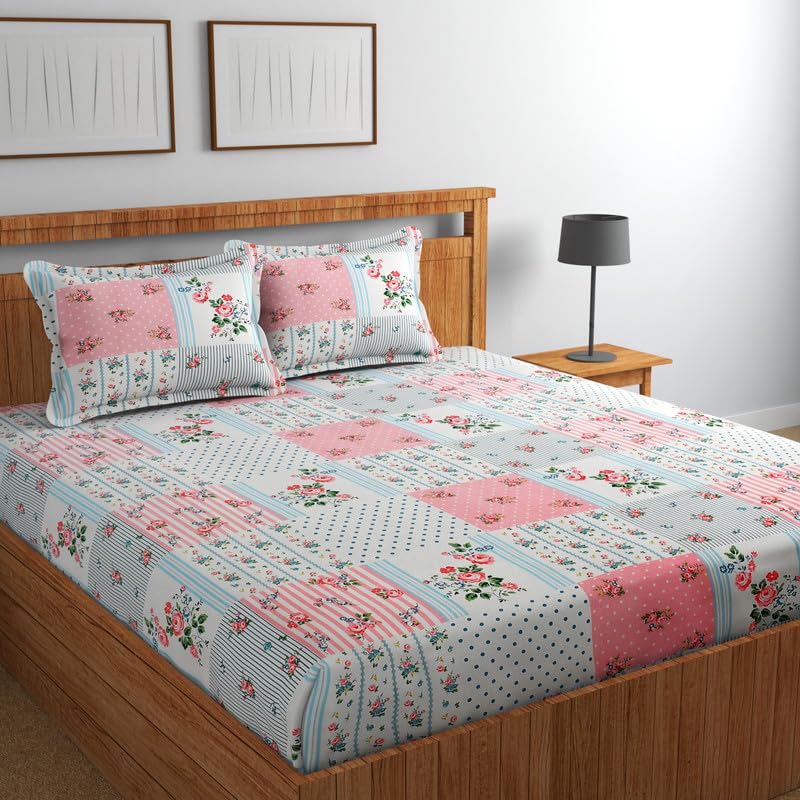 NEW LEAF Premium 100% Cotton 220tc Flat Double Bed Bedsheets for Summer Breathable | Wrinklefree Long lsting (Size-90 x 90 Cm, 7ft x 7ft) with 2 Pillow Covers (Size-17 X 27 Inches, White & Pink)