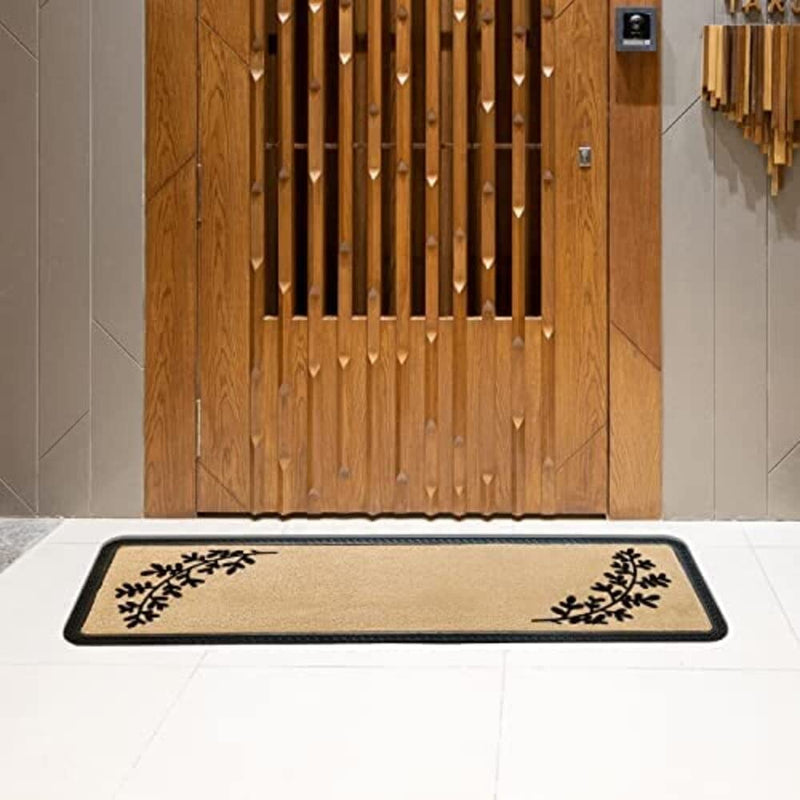 Onlymat Weatherproof Polypropylene Doormat with Leaf Design & Anti Skid Rubber Backing, Large Rectangular Entryway Rug for Entrance, Patio, Bedroom, Living Room, Kitchen, Black and Beige, 40 cm×120 cm