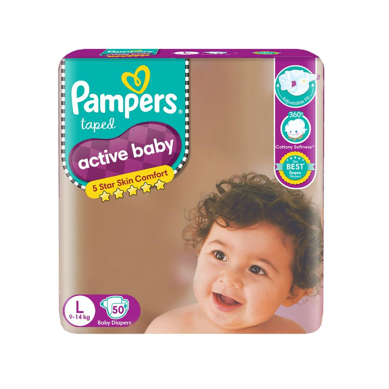 Pampers Active Baby Tape Style Diapers, Large (L) Size, 50 Count, Adjustable Fit with 5 star skin protection, 9-14kg Diapers