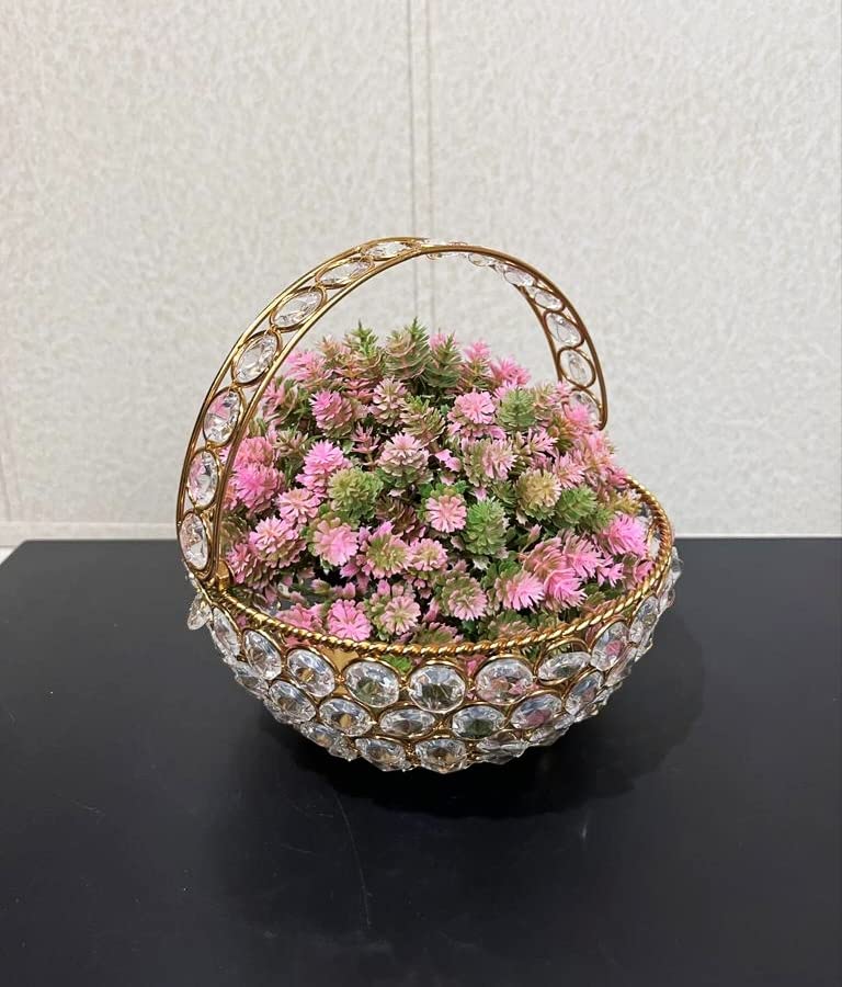 blissful decor Presents Metal Flower Basket (tokari) with Crystal Studded, Decorative Golden Metal Flower Vase for Home Office Gift, (6 Inch Diameter) Without Flower