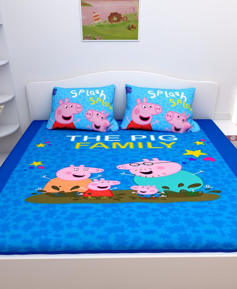 Athom Living Peppa Pig Printed Cotton Kids Double Bedsheet 270x270 cm with Pack of 2 Pillow Covers