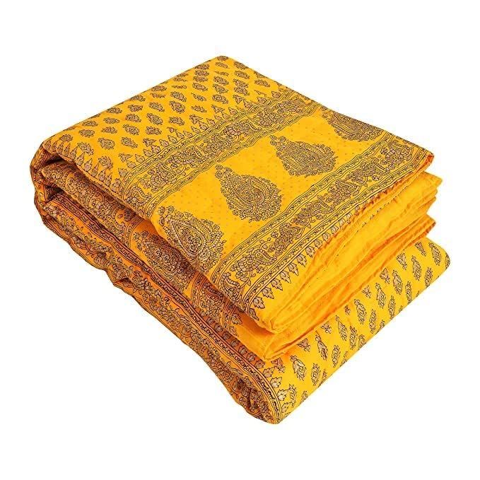 AQRATE Single Bed Organic Cotton Jaipuri Razai Bed Blanket Ac Quilt for Winter Soft Light Weight Rajasthani Traditional Rajai Cotton (Yellow Gold Butti, Single Bed)