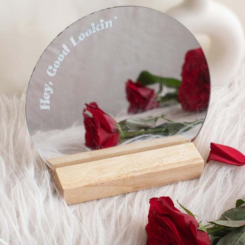 CONFETTI GIFTS Acrylic Mirror with Wooden Stand Woman Girlfriend Friend Wife | Anniversary Birthday Gifts (22 x 25cm)