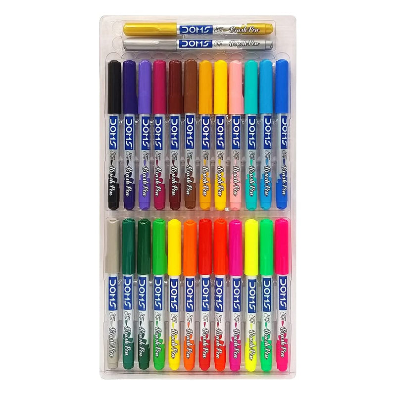 DOMS Non-Toxic Multicolor 26 Shades Brush Pens Set | Super Soft Fine Tip Brush Pens | Diverse 26 Shades | Water Based Ink | Includes Gold & Silver Shades | Pack of 1