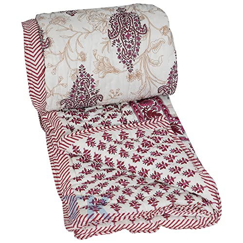 THROW KING Traditional Organic Cotton Soft Premium and Mughal Desing Print Single Bed Jaipuri Razai AC Quilt/Razai/Rajai/Blanket/Throw Floral Print, (60x90inch) (Maroon)