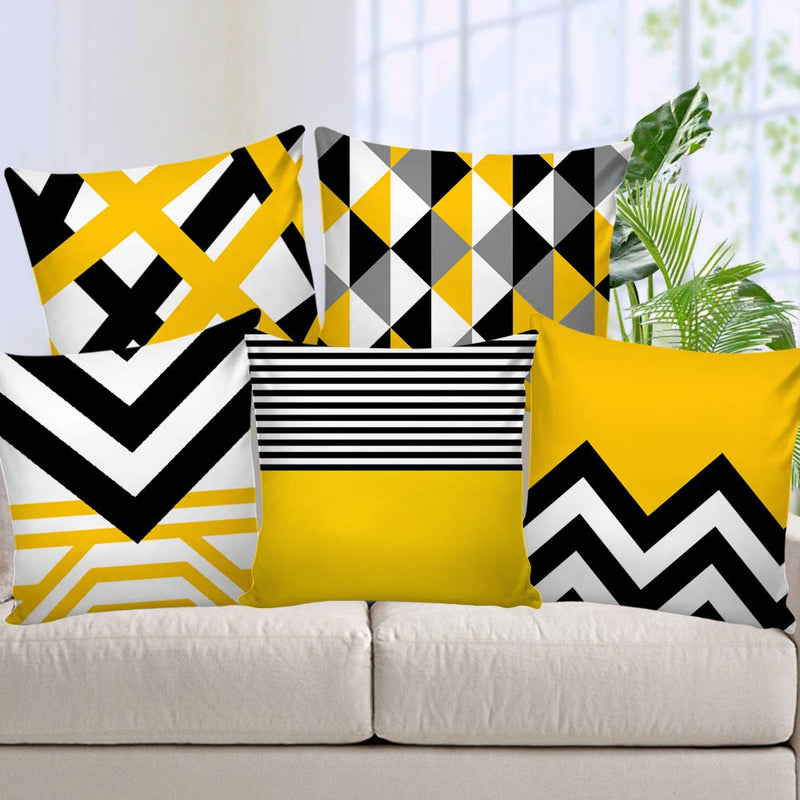 AEROHAVEN Velvet 250TC Cushion Covers, 16x16 inches, Black & Yellow, Set of 5 Pieces