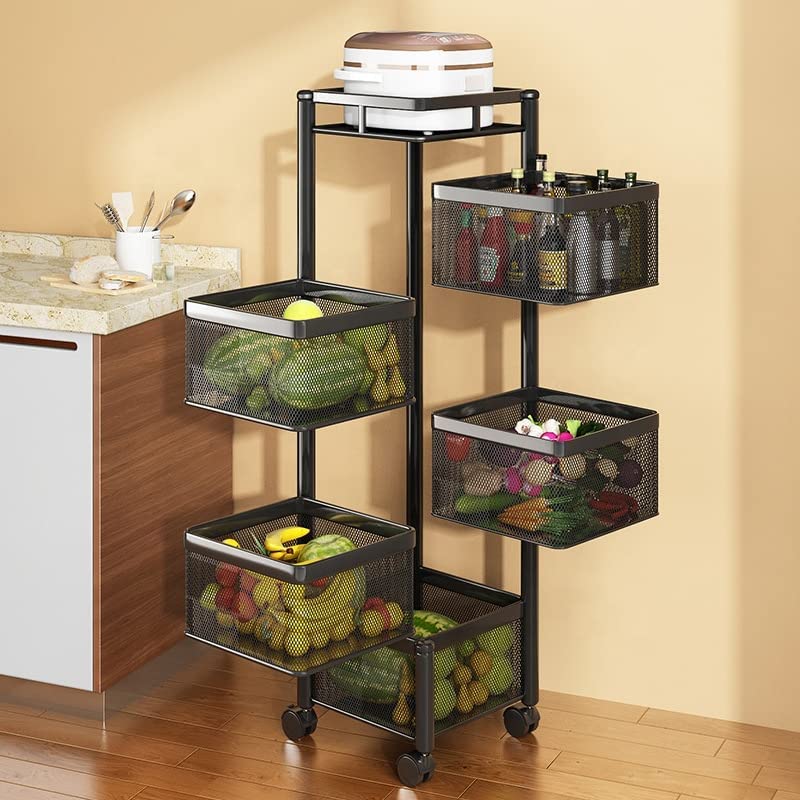 Privesh 1 Pc 5 Layer Kitchen Rotating Trolley Portable Storage Rack Square Design Fruits & Vegetable Onion Cutlery, Spice, Jars Container Basket Organizer Holder Stand for Kitchen (Iron), Tiered Shelf