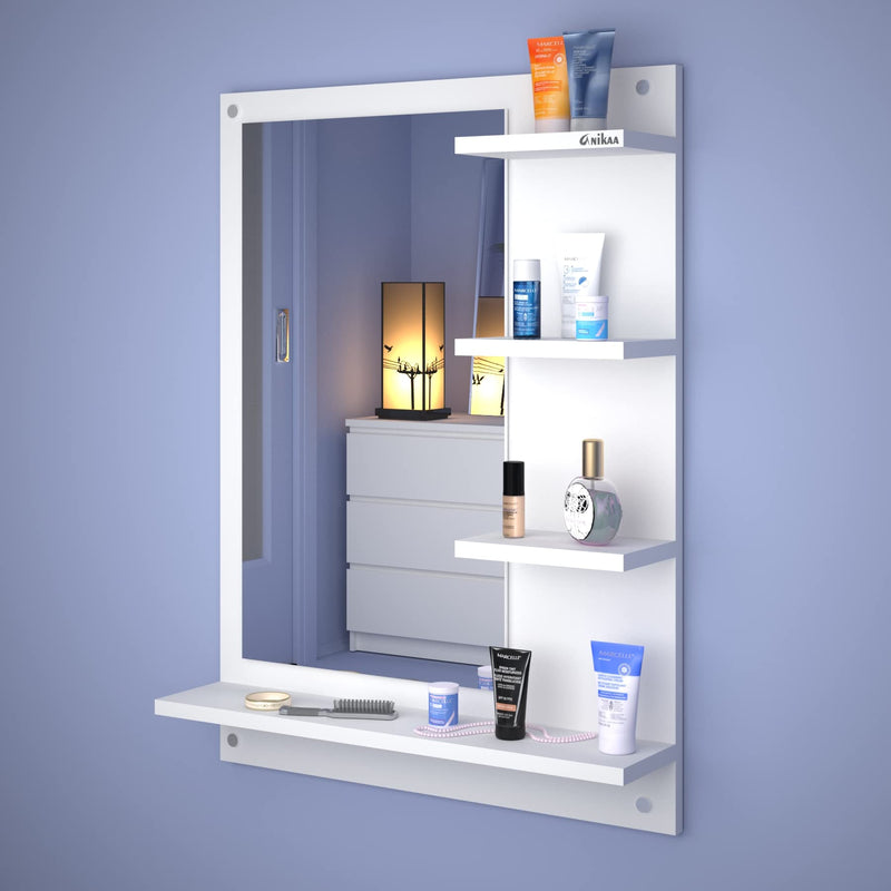 Anikaa Mavis Engineered Wood Rectangular Wall Mount Dressing Mirror With Shelves (White)(Framed )