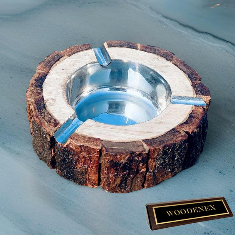 Woodenex Rustic Tree Bark Natural Wood Ashtray with Steel cup inside, Handcrafted Tree Trunk Decorative Ash tray, Dark Brown, Wooden Bark Natural Antique Ash catcher