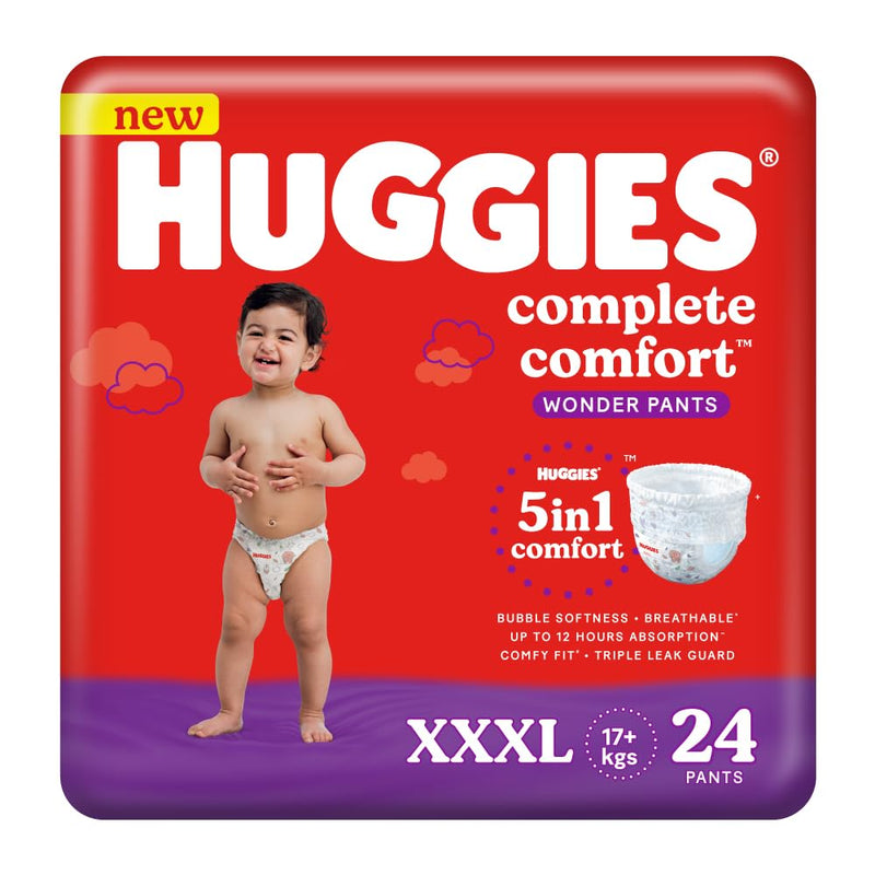 Huggies Complete Comfort Wonder Pants Triple Extra Large (XXXL) Size (17 Kgs+) Baby Diaper Pants, 24 count|5 benefits in 1 diaper| Bubble Bed softness | Upto 12 hour overnight absorption