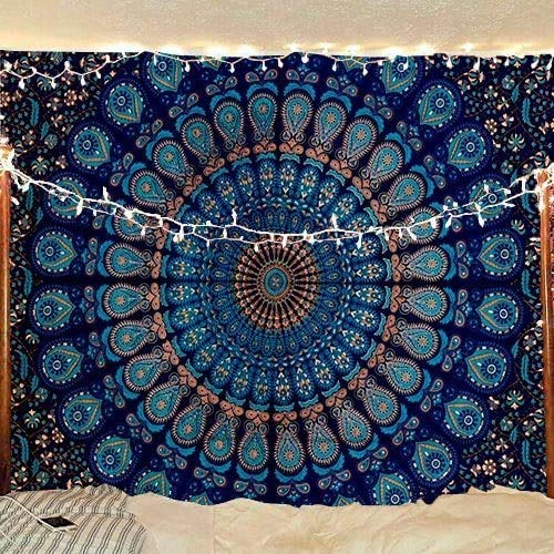 Raj Handicrafts Twin Mandala Cotton Tapestries Throw Blanket (Blue, 84x54 Inches)