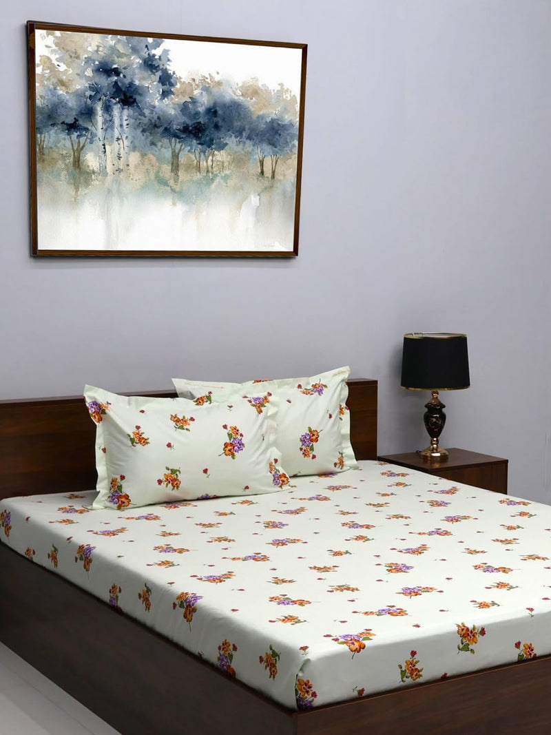 Bombay Dyeing King Size 180 TC 100% Cotton Bedsheet with 2 Pillow Cover- 525B Floral Collection - Size: 274cm x 274cm - 7503 Orange