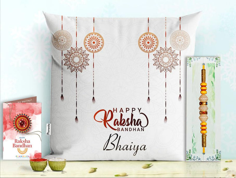 Pillow Rakhi for Brother with Gift - Rakhi with Rakhi Cushion with Filler Greeting Card- Rakhi for Brother, Gifts for Brother, Gifts for Rakhi, Gifts for Rakshabandhan Rakhi Gifts-PA-CU-00