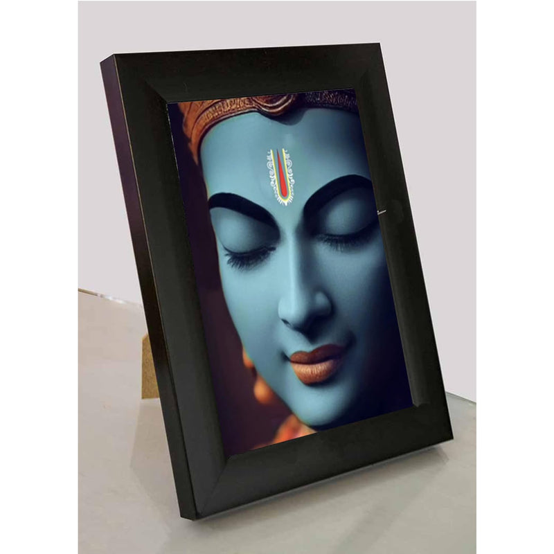 SANVIK CREATIONS Krishna Face Portrait Meditating Face Statue Religious Wall Painting Photo Frame, Synthetic Black Frame Digital Wall Art For Home & Office Décor