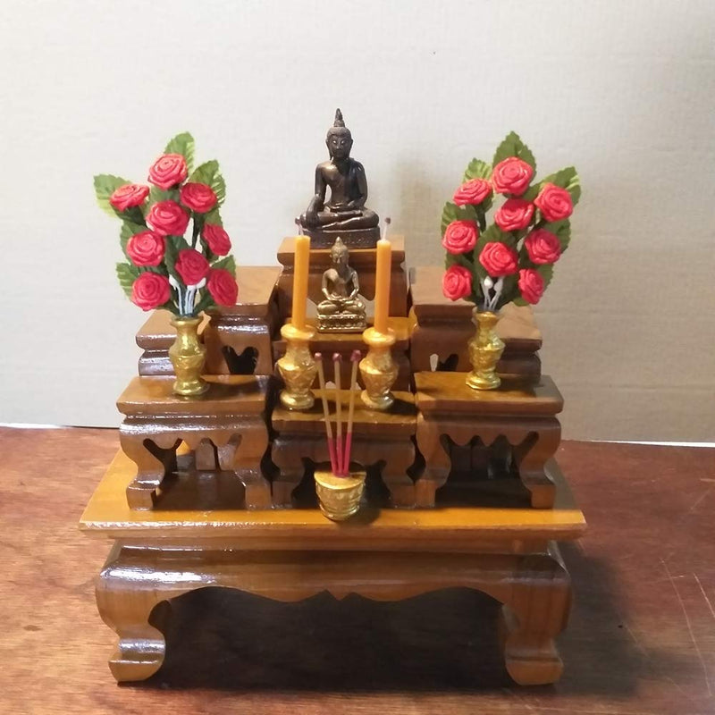 CoziNest Small Altar Thai Buddha Worship Wood Set 9 Amulet Miniature Table Teak Shelf Home Decor 6.5"